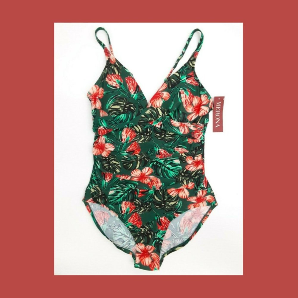 $35 NWT Med Teal/Coral MERONA Tropical  Swimsuit
